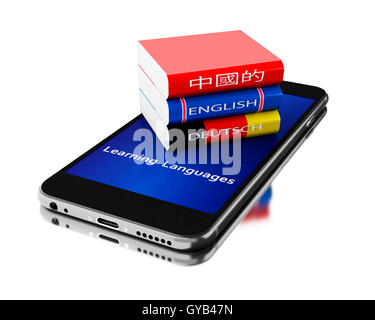 3d illustration. Smartphone avec les manuels scolaires. L'apprentissage des langues. Isolé sur fond blanc. Banque D'Images