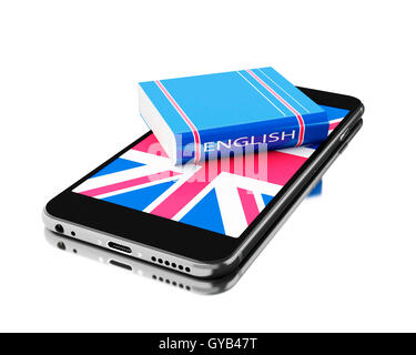 3d illustration. Smartphone avec livre en anglais. L'apprentissage des langues. Isolé sur fond blanc. Banque D'Images