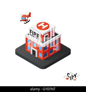 Service d'incendie, l'icône isométrique ville bâtiment élément infographique, vector illustration Illustration de Vecteur