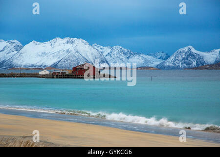 Skaland Beach avec plage de sable de corail blanc, la Norvège, l'Fylke Troms Banque D'Images