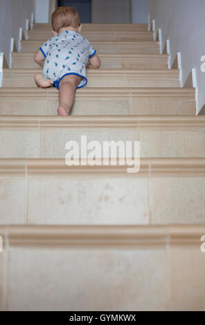 Baby Boy ramper en haut de l'escalier. Low angle view Banque D'Images