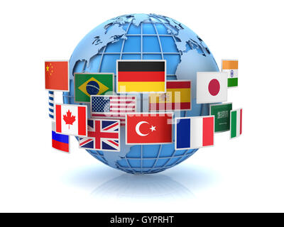 Carte du monde et les drapeaux des pays , c'est un ordinateur 3d'image générée. Isolé sur blanc. Banque D'Images