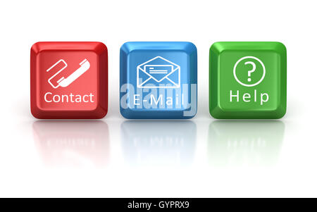 Contactez , e-mail et l'aide du clavier enfoncé , il s'agit d'un ordinateur 3d'image générée. Isolé sur blanc. Banque D'Images