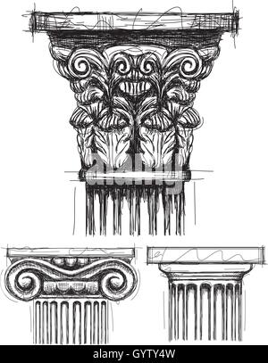 Chapiteaux de colonne ionique, corinthien, et esquisses capital dorique Illustration de Vecteur