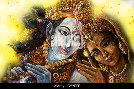 Couple divin krishna et radha togerher, peinture illustration. Banque D'Images