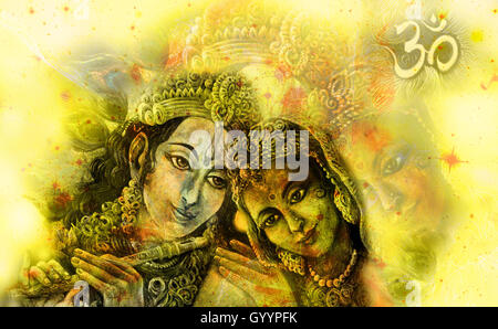 Radha Krishna couple avec symbole sacré, graphique de jolis original. Banque D'Images