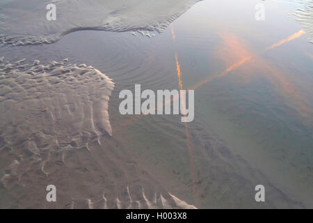 Les traînées de condensation en miroir dans l'eau peu profonde à la plage de la mer du Nord, l'Allemagne, Schleswig-Holstein, dans le Nord de la Frise orientale, de Saint- Peter-Ording Banque D'Images