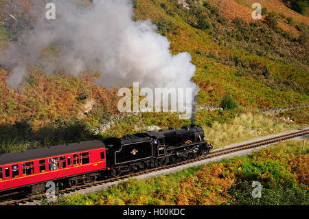 Train à vapeur à Pickering Whitby sur le North Yorkshire Moors Railway, tiré par LMS Cinq Noir No 44767, passage de l'eau Arche. Banque D'Images