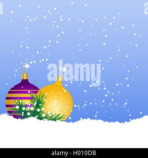Violet et jaune des boules de Noël sur la neige Illustration de Vecteur