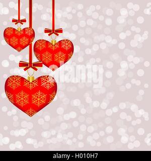 Trois Coeurs de Noël rouge sur l'arrière-plan flou gris Illustration de Vecteur