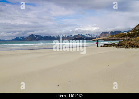 Paysage côtier à plage de sable sur l'Lofotes, Norvège, îles Lofoten, Kleppstad Banque D'Images