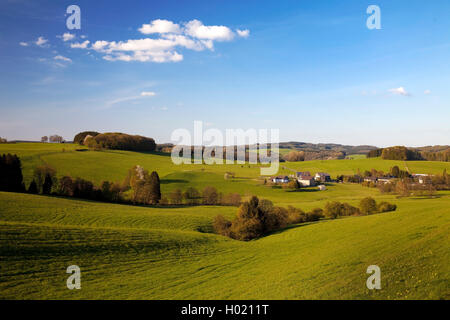 Paysage vallonné de l'Oberbergisches Land au printemps, l'Allemagne, en Rhénanie du Nord-Westphalie, région du Bergisches Land, à Lindlar Banque D'Images