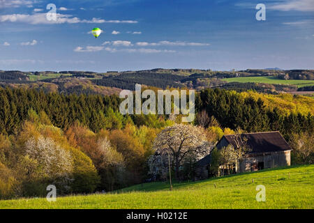 Ballon à air chaud au-dessus du paysage vallonné de l'Oberbergisches Land près de Lamsfuss au printemps, l'Allemagne, en Rhénanie du Nord-Westphalie, région du Bergisches Land, à Wipperfuerth Banque D'Images