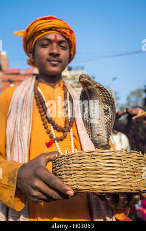 VARANASI, INDE - 23 février 2015 : jeune Indien habillés en vêtements religieux détient dans panier cobra. Banque D'Images