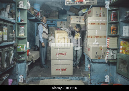 JODHPUR, INDE - 07 février 2015 : propriétaire du magasin et les jeunes travailleurs en cellier de tabac à chiquer du tabac Miraj dans des boîtes. Banque D'Images