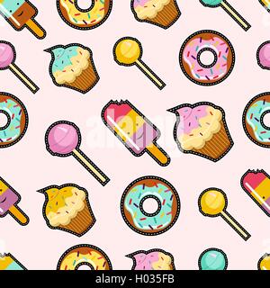 Motif transparent mignon avec un aliment sucré icônes de croix patch style. Cartoon illustration background.EPS10 vector. Illustration de Vecteur