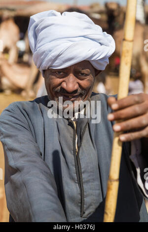 DARAW, EGYPTE - 6 février, 2016 : Portrait of elderly vendeur de chameau avec stick au marché aux chameaux. Banque D'Images