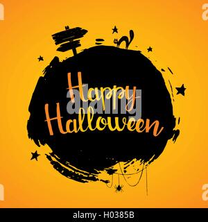 Happy Halloween le lettrage. Calligraphie dessiné à la main avec une brosse de texture, chat noir, Spider web, stars et direction