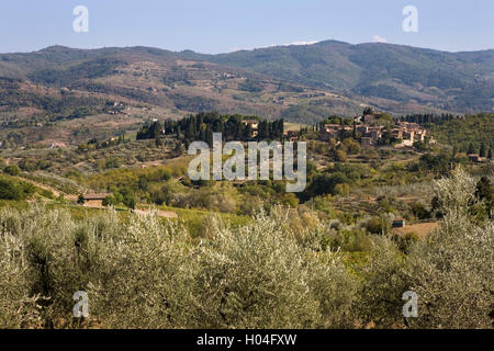 Avis de Montefioralle et les collines autour de Greve in Chianti, à partir de la Via di Zano, Toscane, Italie Banque D'Images