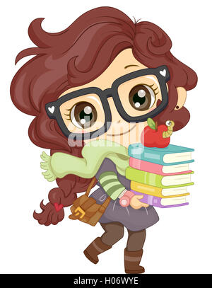 Illustration d'une petite fille à lunettes portant une pile de livres Banque D'Images