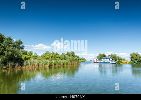 Paysage typique du Delta du Danube, de lacs, de canaux et d'une végétation luxuriante sur une journée ensoleillée, à Gura Portitei resort, Roumanie Banque D'Images