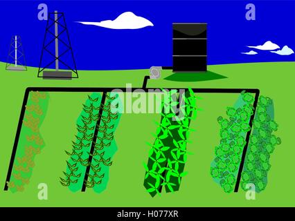 Semer l'huile. Illustration d'un baril de pétrole l'irrigation d'un champ de plantes, d'huile employée dans l'agriculture. L'économie vénézuélienne Illustration de Vecteur