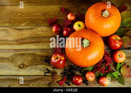 Automne fond avec légumes de saison et de fruits. Carte de vœux de grâce avec des citrouilles, des fruits rouges et les pommes. Banque D'Images