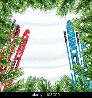 Fond de Noël avec des branches de sapin, de la neige et le ski. Vue de dessus de la neige. Vector illustration. Illustration de Vecteur