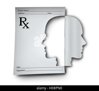 La santé mentale et de médicaments de la médecine psychiatrique concept comme un médecin prescription note en forme de tête humaine comme un symbole médical pour une maladie du cerveau ou un trouble cognitif avec 3D illustration éléments. Banque D'Images