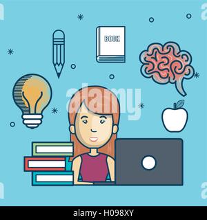 L'éducation des filles en ligne avec la conception d'ordinateur portable Illustration de Vecteur