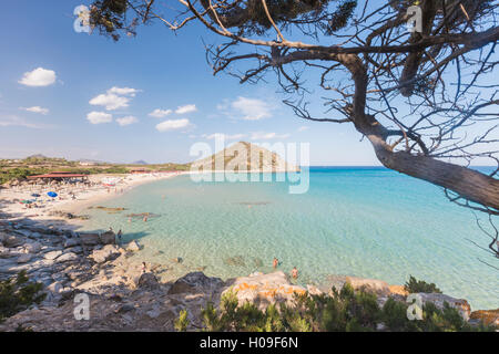 La végétation méditerranéenne frames la baie et la mer turquoise de Cala Monte Turno, Castiadas, Cagliari, Sardaigne, Italie Banque D'Images