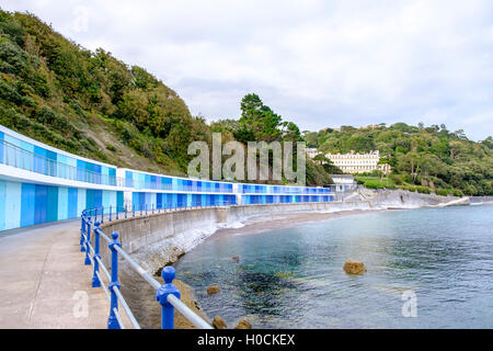 Jolie station scène à Meadfoot Bay Torquay dans le Devon, Angleterre avec ses cabines de plage bleu coloré sous le couvert des arbres Banque D'Images