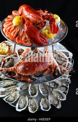 Buffet de fruits de mer avec homard, d'huîtres, crabes et crevettes mantis sur fond noir dans le bac de glace Banque D'Images