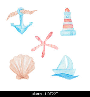 Ancre avec corde, voile et vague ,phare, un coquillage et étoile de mer rouge crayons aquarelle illustrations isolated on white Banque D'Images
