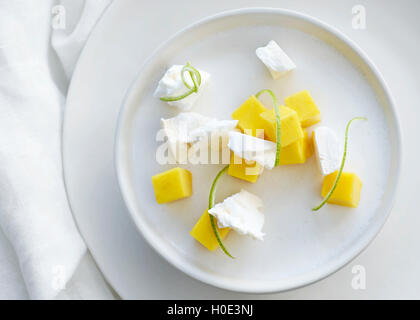 Le lait de coco pannacotta avec meringue croustillante lime mango on white plate Banque D'Images