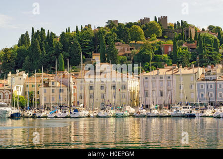 PIRAN, SLOVÉNIE - 30 août 2016 : Piran de plaisance avec des bateaux de pêche et de la vieille ville en arrière-plan, l'une des principales attractions touristiques Banque D'Images