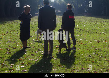 Putney Londres, Royaume-Uni. 21 septembre 2016. Les gens à pied à travers le parc de l'Évêque Putney ce qui est couvert dans les feuilles d'automne par un beau matin ensoleillé Crédit : amer ghazzal/Alamy Live News Banque D'Images