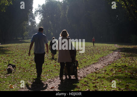 Putney Londres, Royaume-Uni. 21 septembre 2016. Les gens à pied à travers le parc de l'Évêque Putney ce qui est couvert dans les feuilles d'automne par un beau matin ensoleillé Crédit : amer ghazzal/Alamy Live News Banque D'Images