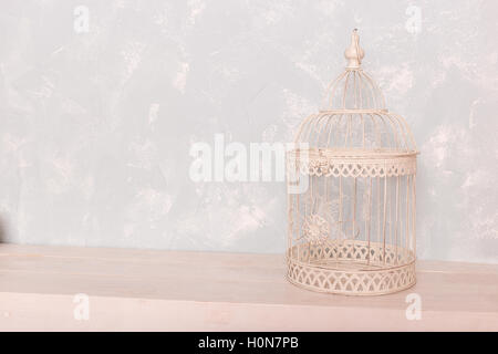 Cage à oiseau blanc sur le plancher en bois dans le contexte d'un mur bleu Banque D'Images