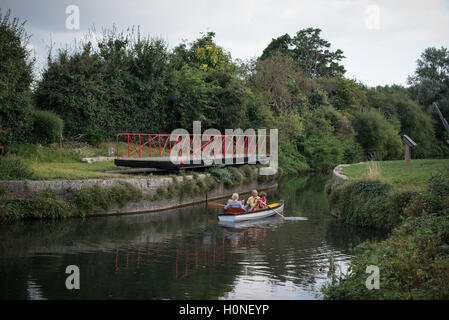 Une famille ramer un bateau le long du canal à Chichester Chichester, West Sussex, Angleterre. Banque D'Images