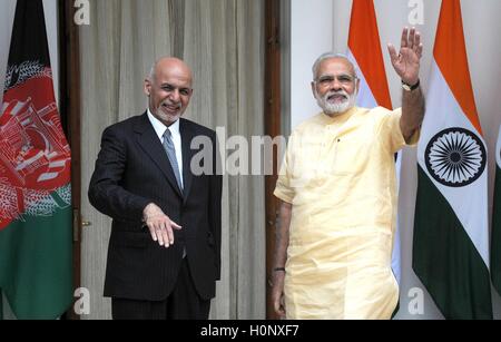 Premier ministre Narendra Modi accueille l'Afghanistan Le président Mohammad Ashraf Ghani à Hyderabad House à New Delhi Inde Banque D'Images