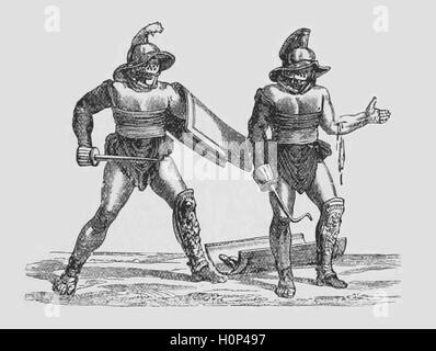 Deux gladiateurs Romains un gladiateur était un combattant armé qui diverti le public dans la République Romaine et Empire romain en affrontements violents avec les autres gladiateurs. On voit ici d'une illustration à partir d'une photo à l'extérieur du colisée à Pompéi. Droit de Cassell's Illustrated l'histoire universelle (1893). Banque D'Images