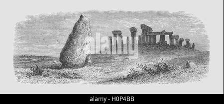 Gravure de Stonehenge, Wiltshire, Angleterre. Stonehenge est un monument préhistorique dans le Wiltshire, Angleterre, 2 miles (3 km) à l'ouest d'Amesbury et 8 miles (13 km) au nord de Salisbury. Droit de Cassell's Illustrated l'histoire universelle (1893). Banque D'Images