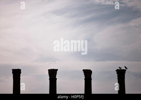 Silhouette quatre colonnes et deux corbeaux sur une colonne dans l'ancienne ville d'Izmir Turquie Basmane agora. Banque D'Images