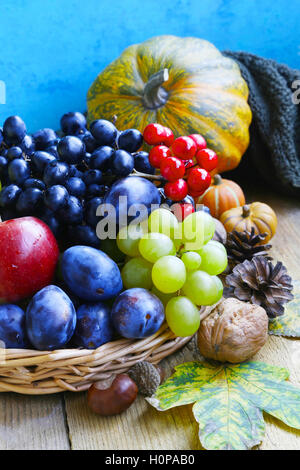Fruits d'automne assortiment de raisins, prunes, pommes et noix et citrouilles décoratives Banque D'Images