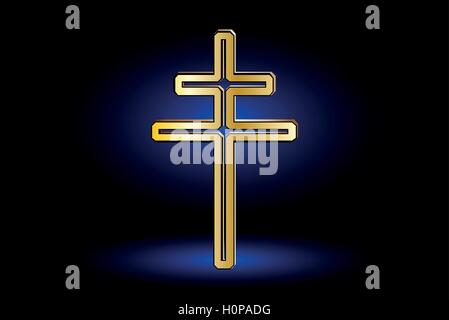 Croix sur un fond bleu, croix religieuse double , double croix chrétienne, Illustration de Vecteur