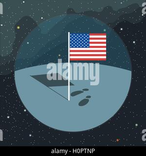 Vecteur numérique avec l'icône du drapeau usa américain, planet, l'ombre et du marchepied, au fond avec les étoiles, style plat Illustration de Vecteur