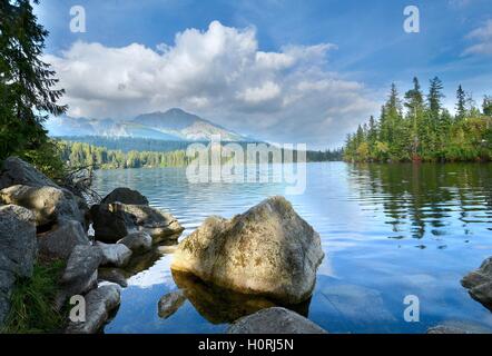 Photo de paysage grand angle de Strbske Pleso dans le lac Hautes Tatras. Banque D'Images