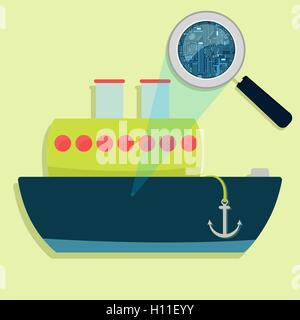 Loupe agrandissant les circuits électroniques du navire. Concept. Illustration de Vecteur