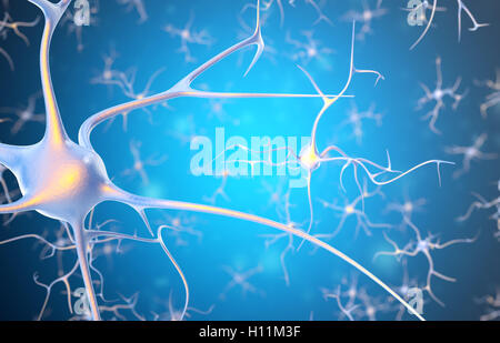 Les neurones dans le cerveau avec l'accent d'effet. Le rendu 3D Banque D'Images